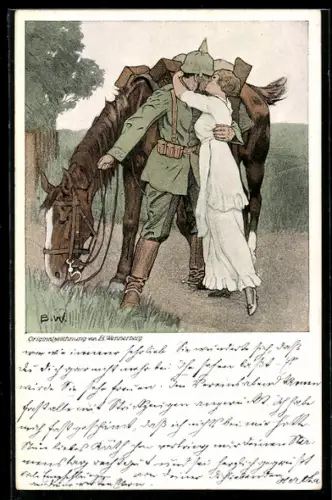 Künstler-AK Brynolf Wennerberg: Kavallerist küsst sein Mädchen