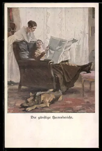 Künstler-AK Brynolf Wennerberg: Frauen lesen den Heeresbericht, Schäferhund