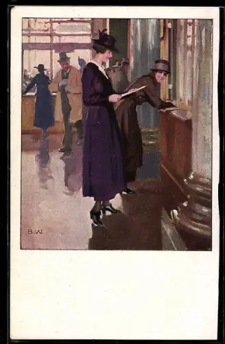 Künstler-AK Brynolf Wennerberg: Damen am Bankschalter