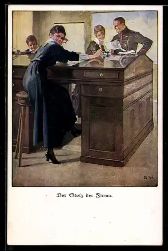 Künstler-AK Brynolf Wennerberg: Soldat in Uniform besucht junge Damen im Büro einer Firma
