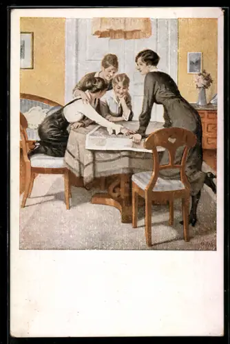 Künstler-AK Brynolf Wennerberg: Strategie, Frauen über einem Lageplan sitzend