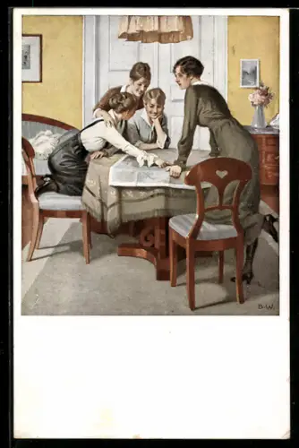 Künstler-AK Brynolf Wennerberg: Strategie, junge Frauen brüten über der Landkarte