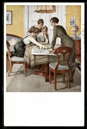 Künstler-AK Brynolf Wennerberg: Strategie, Frauen über einem Lageplan sitzend