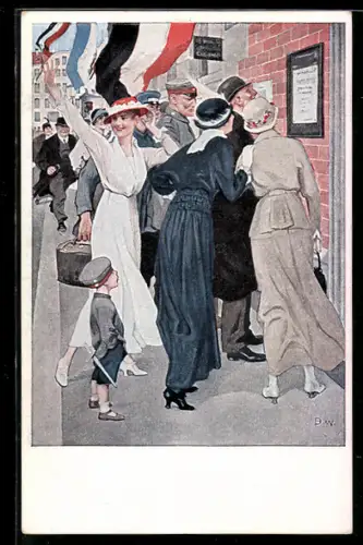 Künstler-AK Brynolf Wennerberg: Soldaten und Passanten freuen sich über Siegesmeldung