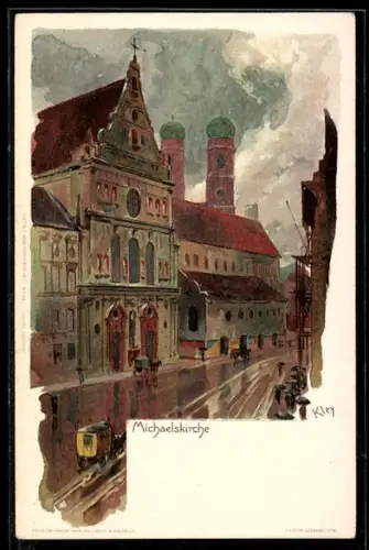 Künstler-AK Heinrich Kley: München, Michaelskirche, Postkutsche