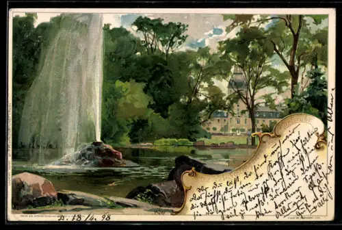 Lithographie Karlsruhe, Schlosspark, Schloss, Fontäne