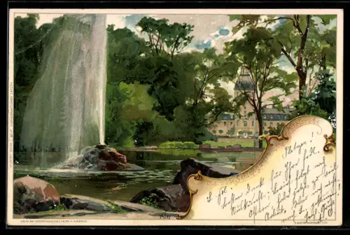 Lithographie Karlsruhe, Schlosspark, Schloss, Fontäne