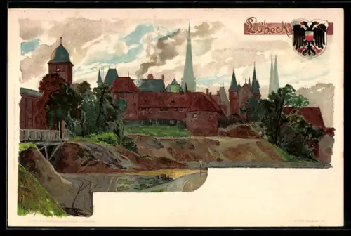 Künstler-AK Heinrich Kley: Lübeck, Teilansicht mit Wappen