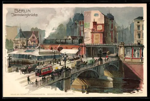 Künstler-AK Heinrich Kley: Berlin, Jannowitzbrücke, Strassenbahn, Pferdekutsche