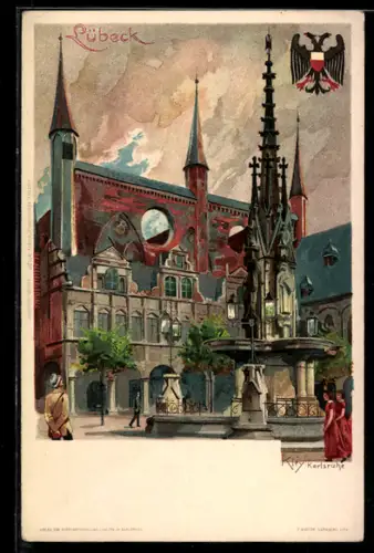 Künstler-AK Heinrich Kley: Lübeck, Brunnen am Rathaus