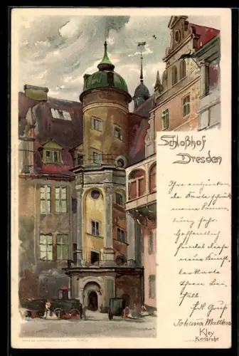 Künstler-AK Heinrich Kley: Dresden, Schlosshof mit bewölktem Himmel