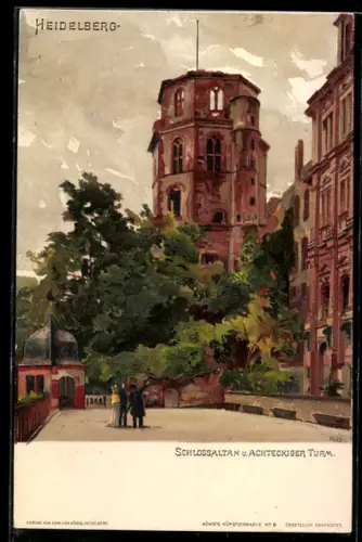 Künstler-Lithographie Heinrich Kley: Heidelberg, Schlossaltan und Achteckiger Turm
