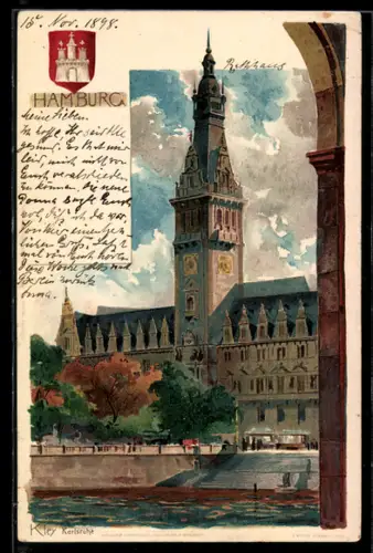 Künstler-Lithographie Heinrich Kley: Hamburg, Blick zum Rathaus, Wappen