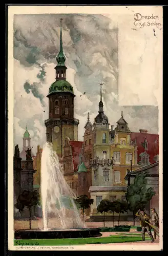 Künstler-Lithographie Heinrich Kley: Dresden, Springbrunnen