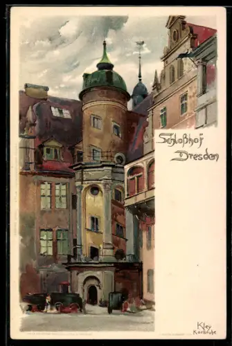 Künstler-AK Heinrich Kley: Dresden, Schlosshof mit bewölktem Himmel