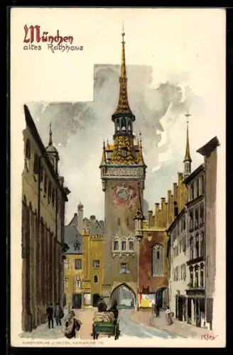 Künstler-AK Heinrich Kley: München, Blick zum alten Rathaus mit Pferdekutsche