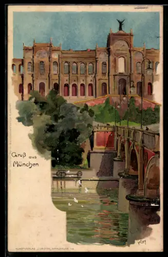Künstler-AK Heinrich Kley: München, Maximilianeum von der Brücke aus gesehen