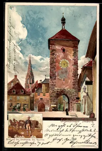 Künstler-AK Heinrich Kley: Freiburg, Strassenpartie am Schwabenthor, Bild auf der Stadtseite des Thurms