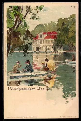Künstler-Lithographie Heinrich Kley: Kleinhesseloher See mit Ruderboot