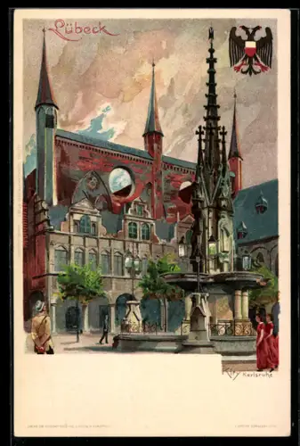 Künstler-AK Heinrich Kley: Lübeck, Brunnen am Rathaus