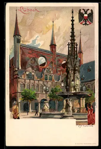 Künstler-AK Heinrich Kley: Lübeck, Brunnen am Rathaus