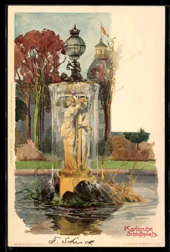 Künstler-AK Heinrich Kley: Karlsruhe, Wasserkunst auf dem Schlossplatz