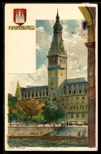Künstler-Lithographie Heinrich Kley: Hamburg, Blick zum Rathaus, Wappen