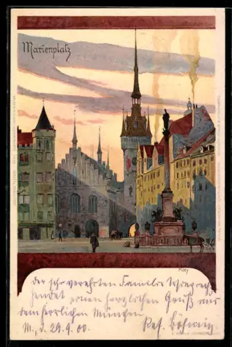 Künstler-AK Heinrich Kley: München, Marienplatz mit Säule