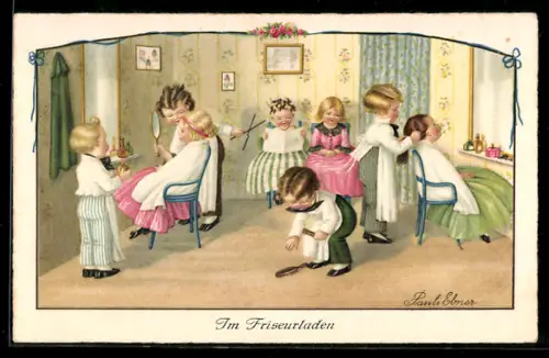 Künstler-AK Pauli Ebner: Kinder im Friseurladen