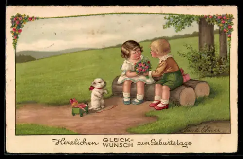 Künstler-AK Pauli Ebner: Junge mit Blumen für Mädchen, Geburtstagsgruss