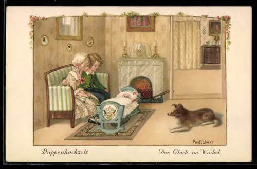 Künstler-AK Pauli Ebner: Puppenhochzeit, Das Glück im Winkel, junge Eltern vor Wiege, Hund