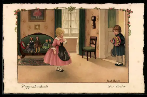 Künstler-AK Pauli Ebner: Puppenhochzeit, Der Freier, Junge besucht Mädchen, auf dem Sofa sitzen Puppen