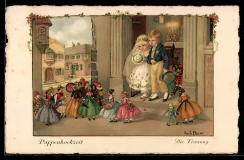 Künstler-AK Pauli Ebner: Hochzeitspaar und Puppen