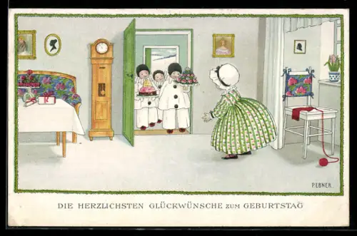 Künstler-AK Pauli Ebner: Harlekins besuchen Mädchen, Geburtstagsgruss