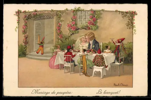 Künstler-AK Pauli Ebner: Kinder spielen Hochzeit im Kreise ihrer Puppen