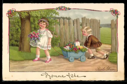 Künstler-AK Pauli Ebner: Kinderpaar mit Blumenwagen, Geburtstagsgruss