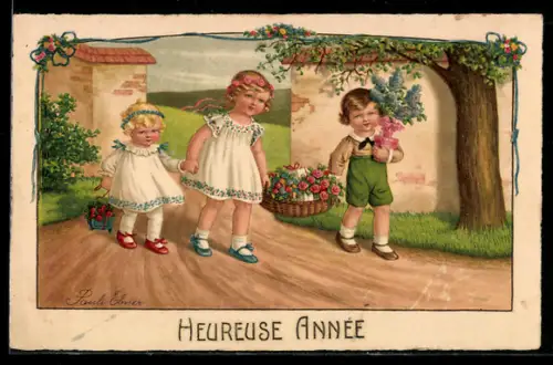 Künstler-AK Pauli Ebner: Drei Kinder mit Blumenkorb, Neujahrsgruss