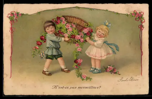 Künstler-AK Pauli Ebner: Kinderpaar mit Blumenkorb