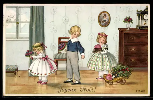 Künstler-AK Pauli Ebner: Drei Kinder mit Blumen und Kuchen, Weihnachtsgruss