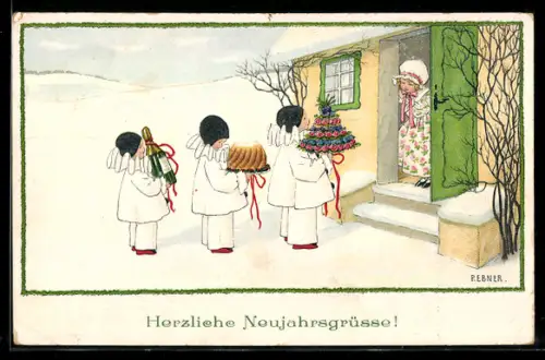 Künstler-AK Pauli Ebner: Harlekins besuchen Mädchen, Neujahrsgruss