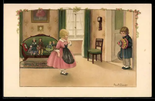 Künstler-AK Pauli Ebner: Puppenhochzeit, Der Freier, Junge besucht Mädchen, auf dem Sofa sitzen Puppen