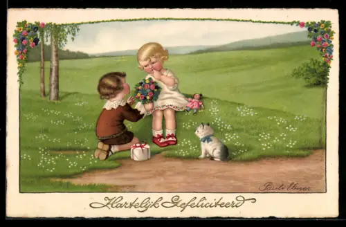 Künstler-AK Pauli Ebner: Junge mit Blumen für Mädchen, Glückwunsch