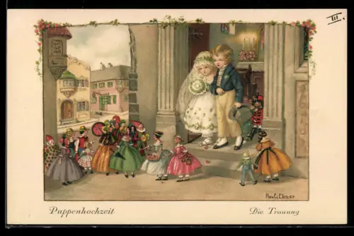 Künstler-AK Pauli Ebner: Kinder-Brautpaar wird von Spielzeugpuppen vor der Kirche empfangen