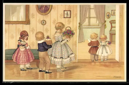 Künstler-AK Pauli Ebner: Kinder mit Blumen und Kuchen in der Tür