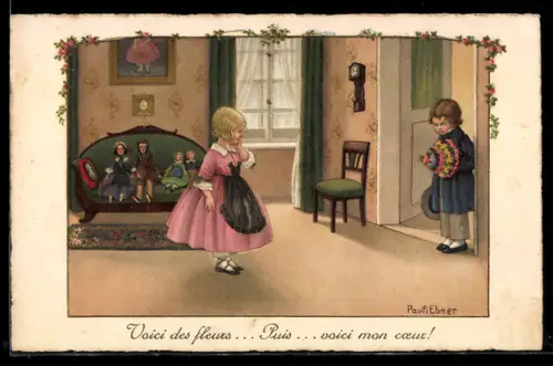 Künstler-AK Pauli Ebner: Puppenhochzeit, Der Freier, Junge besucht Mädchen, auf dem Sofa sitzen Puppen