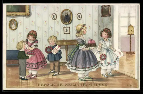 Künstler-AK Pauli Ebner: Kinder bringen viele Blumen zum Geburtstag