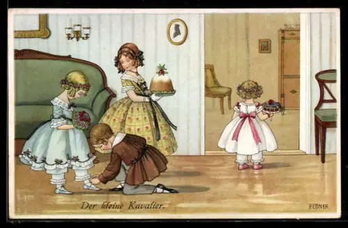 Künstler-AK Pauli Ebner: Junge bindet Mädchen den Schuh zu