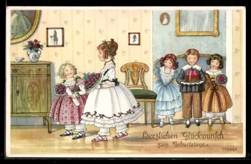 Künstler-AK Pauli Ebner: Kinder mit Blumen und Kuchen, Geburtstagsgruss