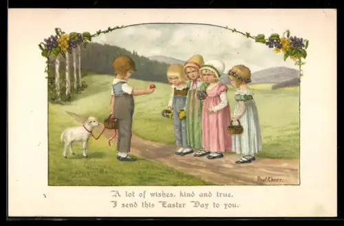 Künstler-AK Pauli Ebner: Junge mit Osterlamm zeigt Kindern ein Osterei