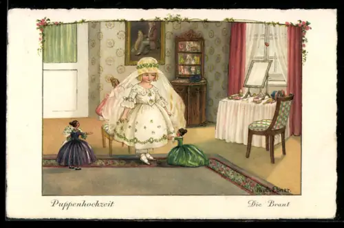 Künstler-AK Pauli Ebner: Puppenhochzeit, Die Braut, Mädchen trägt ein Brautkleid, neben ihr zwei Puppen